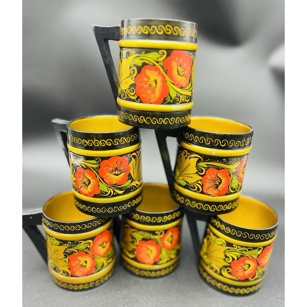 Vintage Khokhloma Russian Lacquer Set of 6 Wooden Mugs TankardsBlack Red Lacquer